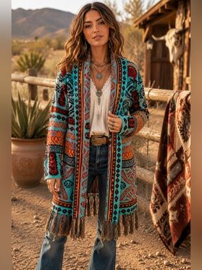 Adora Boho Tribal Open Front Fringe Knit Cardigan Sweater S/M Preloved A32